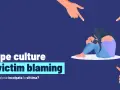 La vittima è isolata e accusata da dita puntate, illustrando il **victim blaming** e la cultura dello stupro.