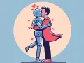 Un uomo bacia un robot sesso, circondati da cuori rossi.