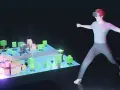 Un ragazzo con visore VR esplora un mondo virtuale, un metaverso esempio di interazione digitale con avatar e paesaggi stilizzati.
