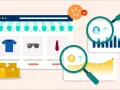 Un negozio online con prodotti, pacchi e grafici analizzati da lenti d'ingrandimento. Capire cos'è un blog per il successo online.