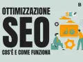 Ottimizzazione SEO: scopri cos'è e come funziona. Grafica con persone che analizzano dati e ingranaggi, simbolo di crescita e strategia.