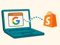 Un laptop con il logo Google mostra dati che fluiscono verso un sacchetto arancione con la S di Shopify, suggerendo l'ottimizzazione del **shopify sitemap** per la ricerca.