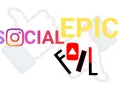Social media logos (Instagram, YouTube) e la scritta "EPIC FAIL" su uno sfondo stilizzato di pollice in su.
