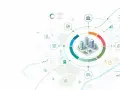 Illustrazione di una città con icone che rappresentano dati, ambiente, trasporti e comunità, suggerendo il content repurposing di informazioni per una visione olistica.