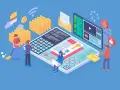 Persone lavorano su un grande schermo, organizzando file e contenuti per il **seo cms**.