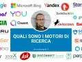 Loghi di vari motori di ricerca, tra cui Google, Bing, DuckDuckGo, Startpage, Ecosia, Qwant, Swisscows, Baidu, e altri, con la domanda "Quali sono i motori di ricerca".