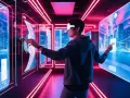 Un uomo con visore VR interagisce con schermi luminosi, esplorando il **phygital significato** in un corridoio futuristico.
