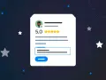 Interfaccia di un'app per recensioni con valutazione 5 stelle e un utente stilizzato.