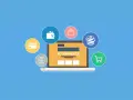 Un laptop mostra "ECOMMERCE" con icone di pagamento, carrello e mondo. Ideale per verificare sito online.