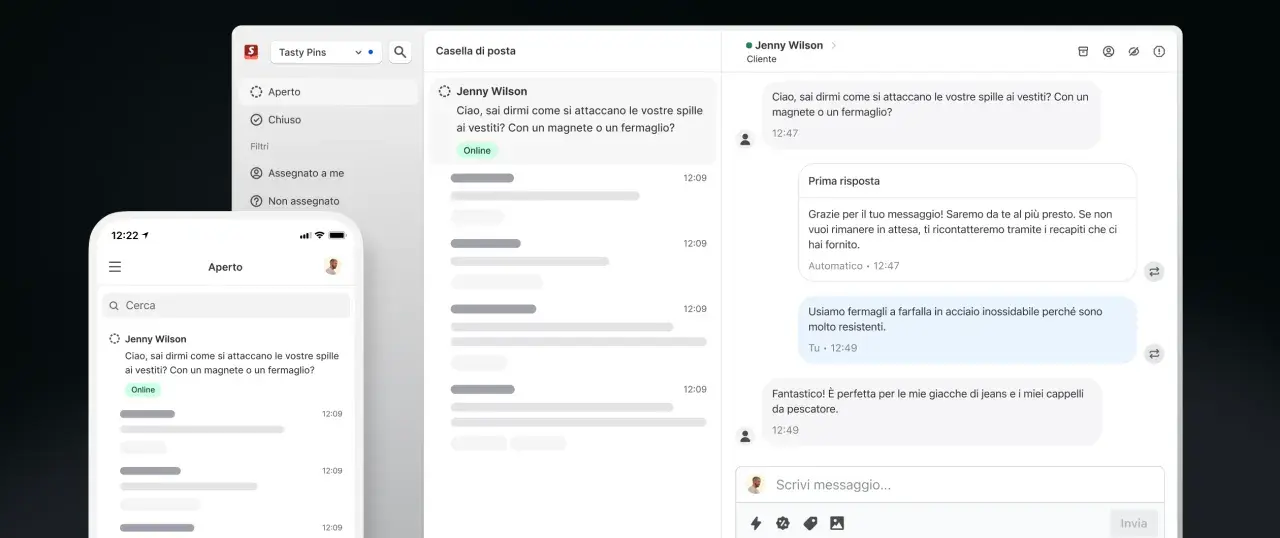 Interfaccia di chat di Shopify con conversazione cliente-venditore su spille magnetiche.