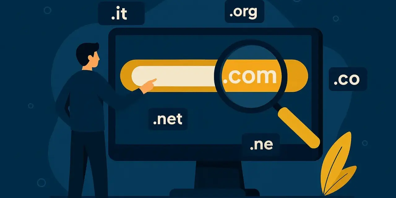Un uomo cerca su un monitor con una lente d'ingrandimento per capire come trovare il dominio perfetto, tra opzioni come .com, .it, .org, .net, .co e .ne.