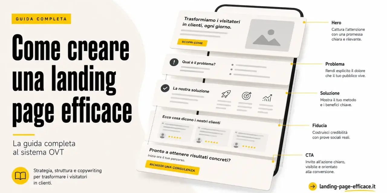 Guida completa: Come creare una landing page efficace. Illustra gli elementi chiave di una landing page: Hero, Problema, Soluzione, Fiducia e CTA.