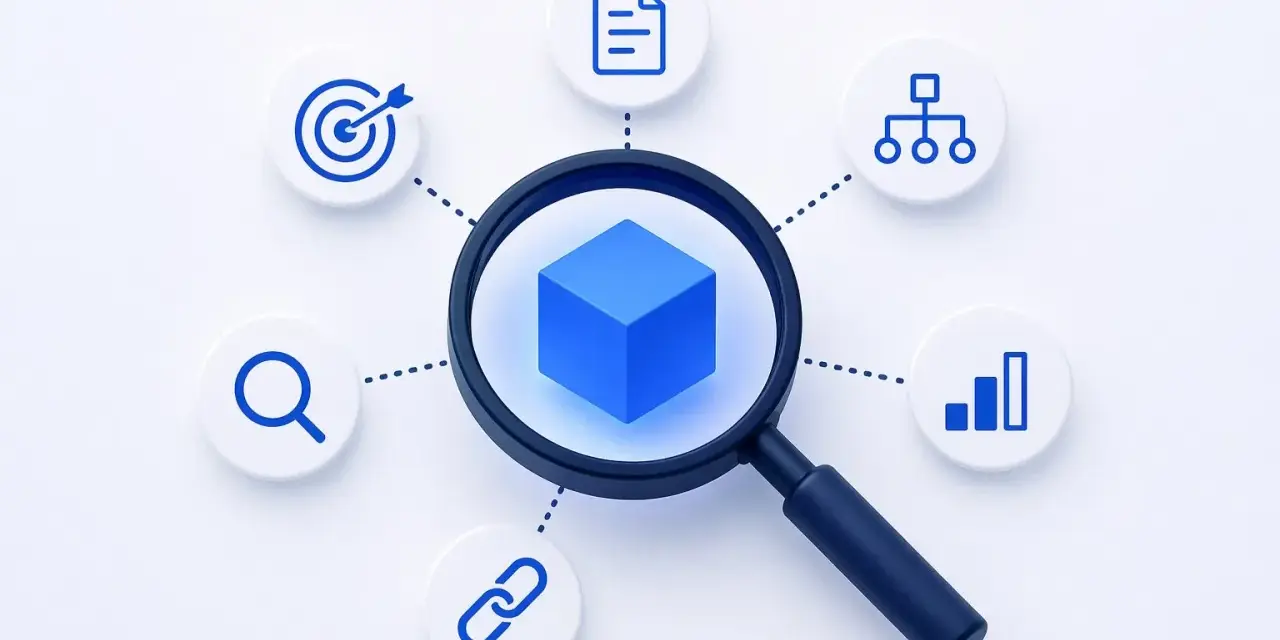Lente d'ingrandimento su un cubo blu, circondata da icone che rappresentano ricerca, obiettivi, documenti, grafici e link. Simboleggia la costruzione della **topical authority**.