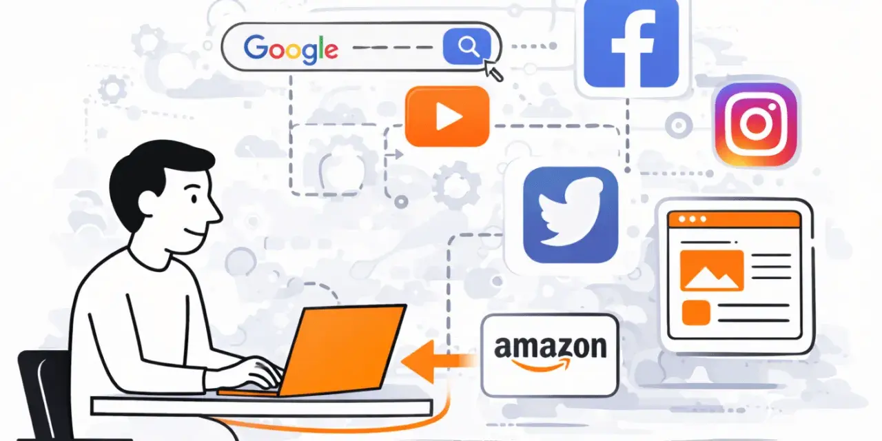 Un utente naviga tra i 100 siti più visitati in Italia: Google, Facebook, Instagram, Twitter, YouTube e Amazon.