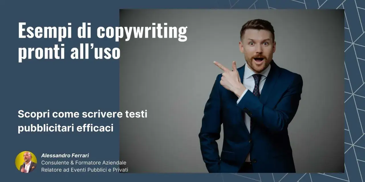 Uomo sorpreso indica esempi di copywriting efficaci. Impara a creare testi pubblicitari vincenti con Alessandro Ferrari.