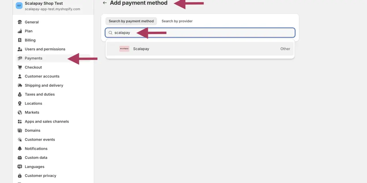 Aggiunta di Scalapay come metodo di pagamento su Shopify.