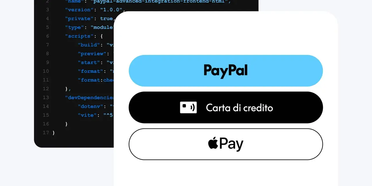 Codice per integrazione frontend PayPal, con opzioni di pagamento come PayPal Express Checkout, carta di credito e Apple Pay.