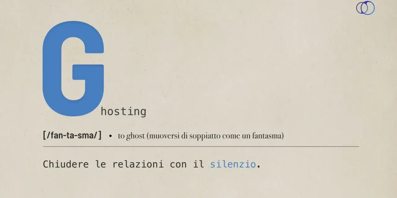 La lettera G maiuscola, la parola "hosting" e la sua traduzione: ghosting (chiudere relazioni col silenzio).