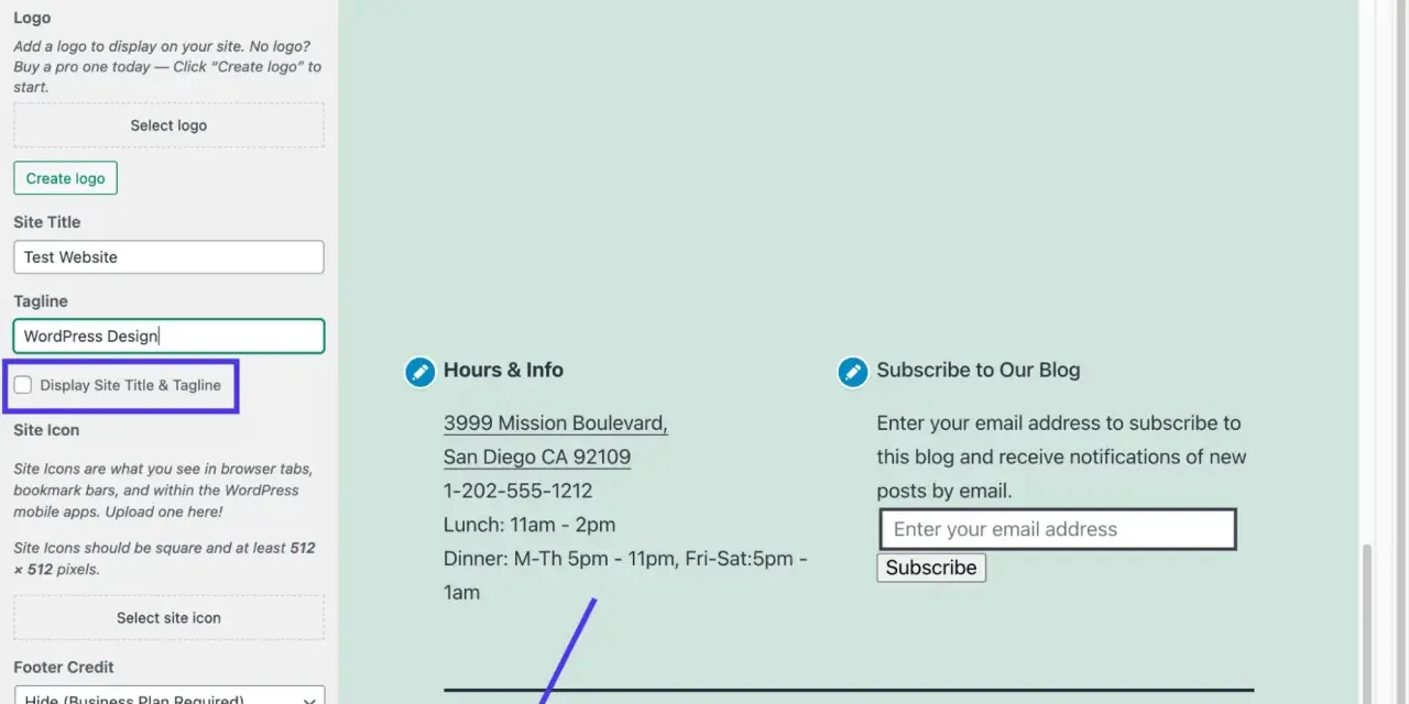 Impostazioni sito: "WordPress Design" come tagline. Opzione per nascondere il copyright footer.