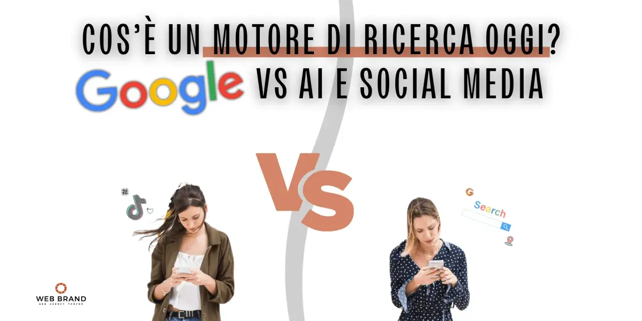 Google vs. social media: cos'è un motore di ricerca oggi? Due donne usano smartphone, una con icone social, l'altra con barra di ricerca Google.