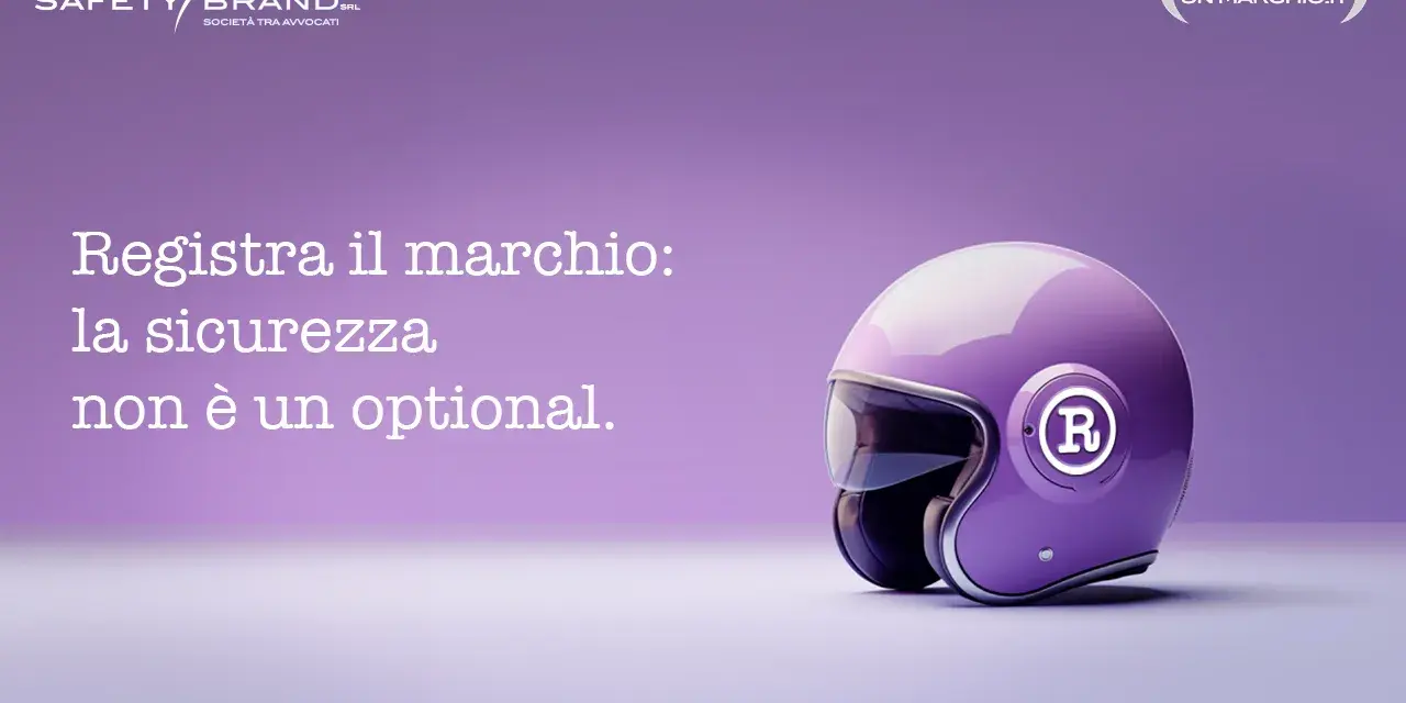 Casco viola con logo "R" e testo "Registra il marchio: la sicurezza non è un optional." per la brand safety.