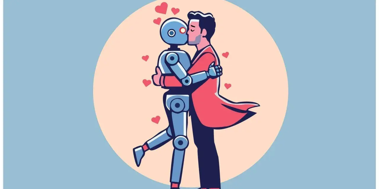 Un uomo bacia un robot sesso, circondati da cuori rossi.