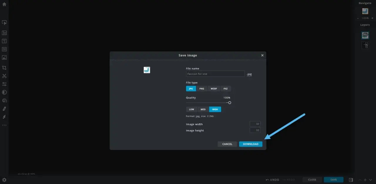 Finestra di salvataggio immagine per un favicon Shopify, con opzioni per nome file, tipo e qualità.