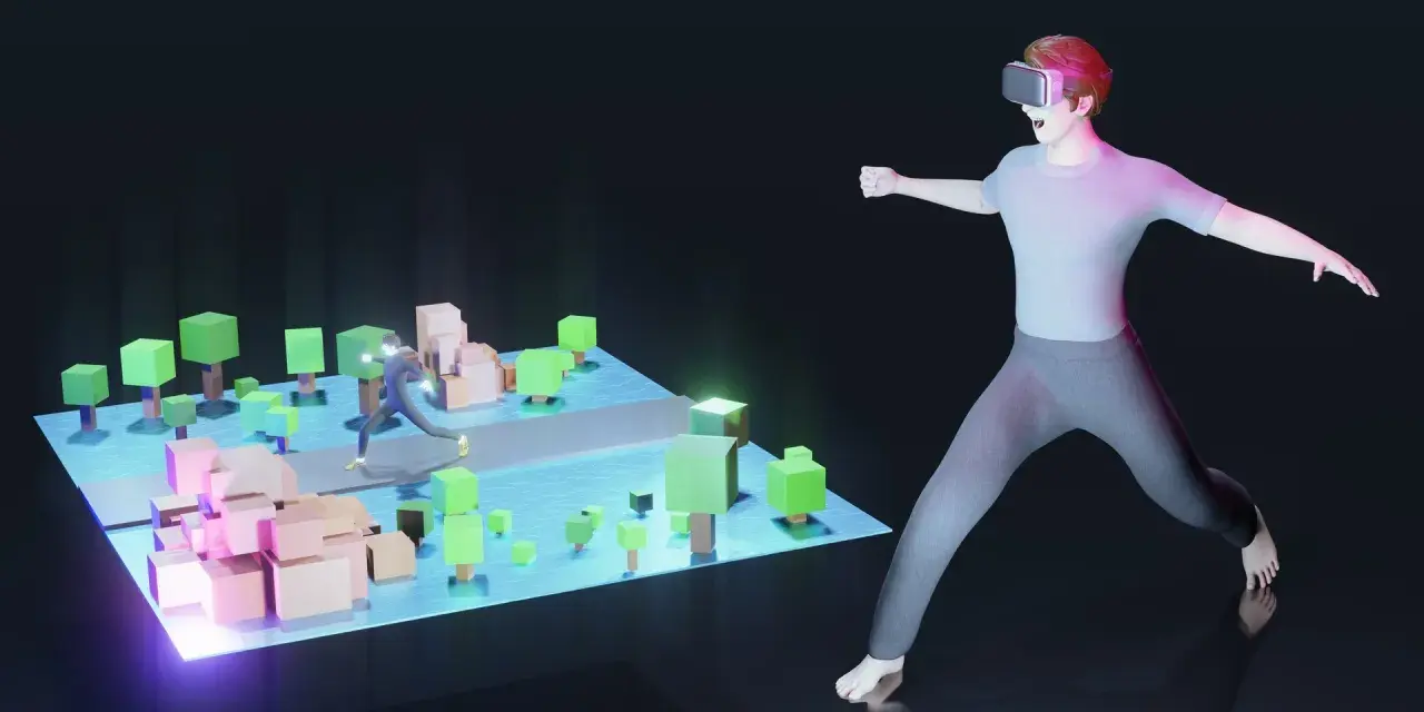 Un ragazzo con visore VR esplora un mondo virtuale, un metaverso esempio di interazione digitale con avatar e paesaggi stilizzati.