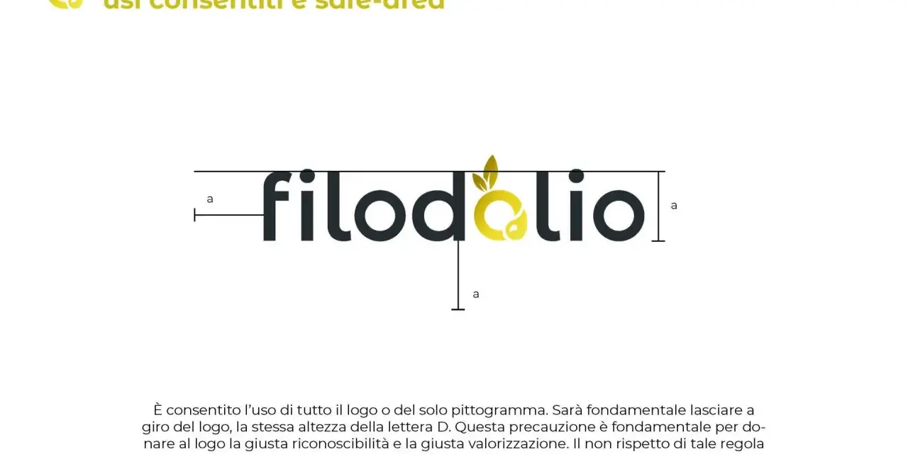 Logo "filodolio" con pittogramma giallo. Il manuale d'uso spiega il logo significato e le regole di impiego per garantirne la riconoscibilità.