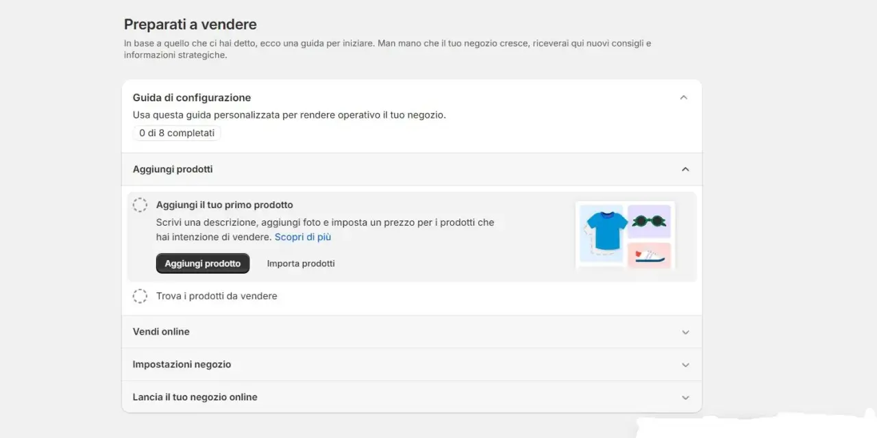 Guida per creare un sito con Shopify: aggiungi il tuo primo prodotto, imposta prezzi e foto.