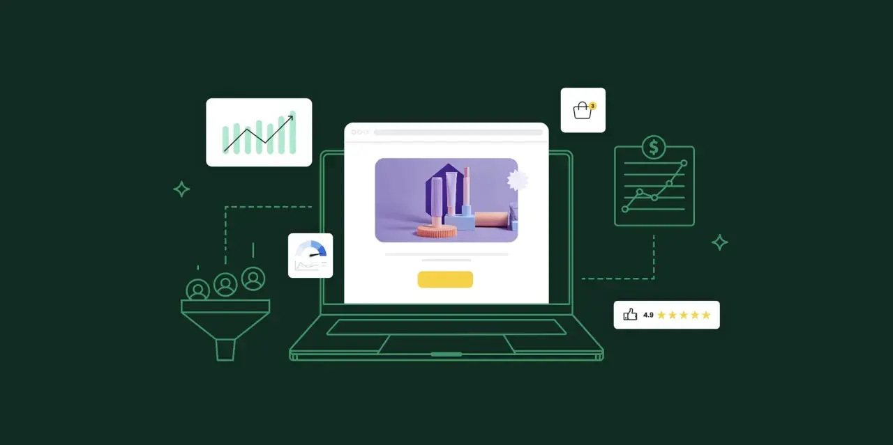 Grafica che illustra il processo di creazione e ottimizzazione di landing pages, con icone di analisi, funnel e recensioni.
