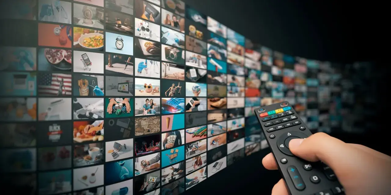 Un telecomando seleziona contenuti da un muro di schermi, offrendo un'ampia scelta di video on demand.