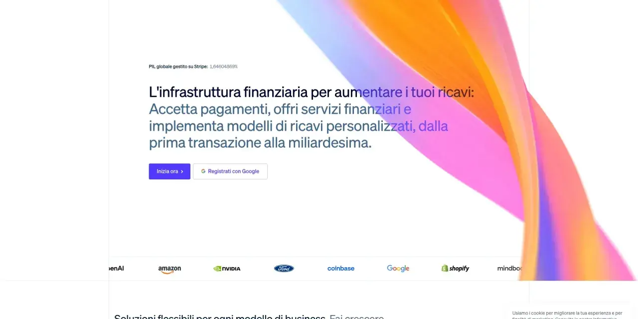 Stripe: infrastruttura finanziaria per aumentare ricavi. Il cta significato è "Inizia ora", per accettare pagamenti e offrire servizi.