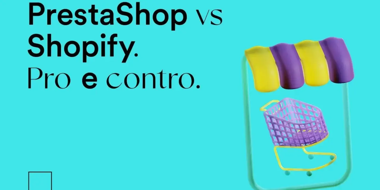 Confronto tra PrestaShop e Shopify: pro e contro. Un carrello della spesa stilizzato su sfondo turchese.