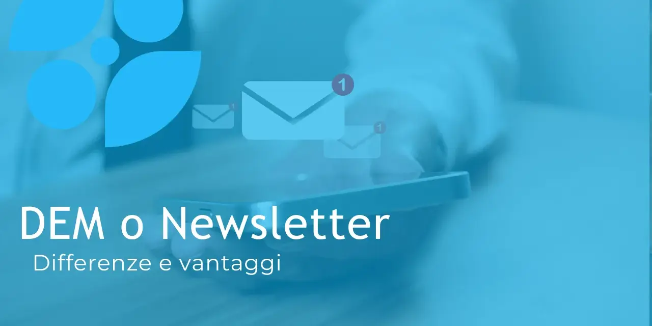 DEM, acronimo di Direct Email Marketing, confrontato con le newsletter. Icone di buste con notifiche.