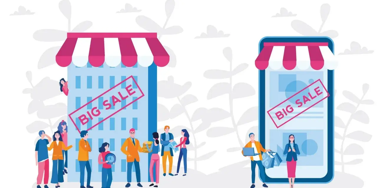 Un negozio fisico e uno virtuale, entrambi con "BIG SALE". Il **click and mortar** unisce il meglio dei due mondi.