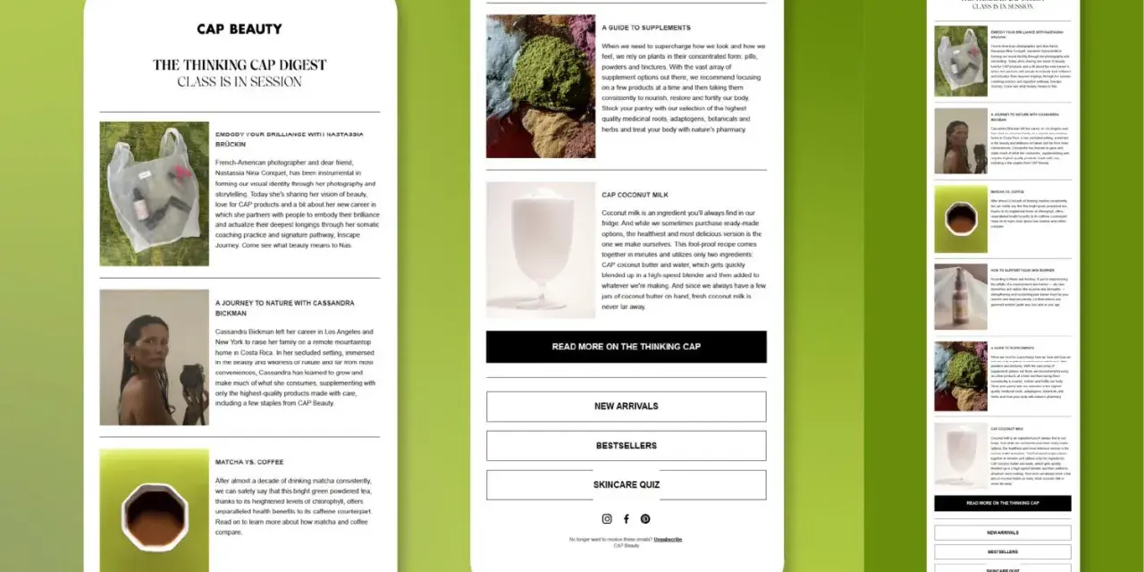 Newsletter di Shopify con articoli su bellezza, integratori e latte di cocco.