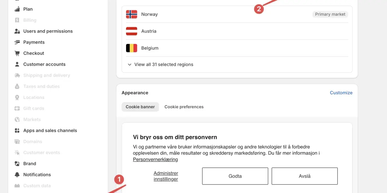 Impostazioni del **shopify cookie banner** per la privacy dei clienti, con opzioni per Norvegia, Austria, Belgio e altro.