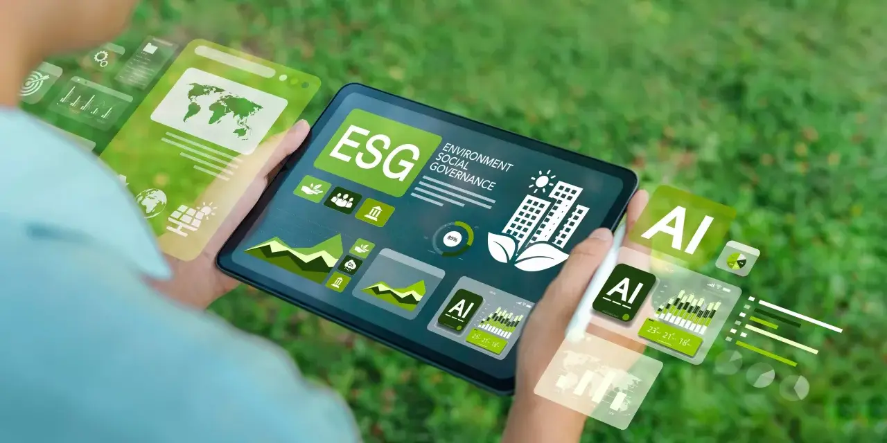 Schermo di un tablet con grafici ESG e AI, che illustra il significato di innovazione sostenibile e tecnologica.