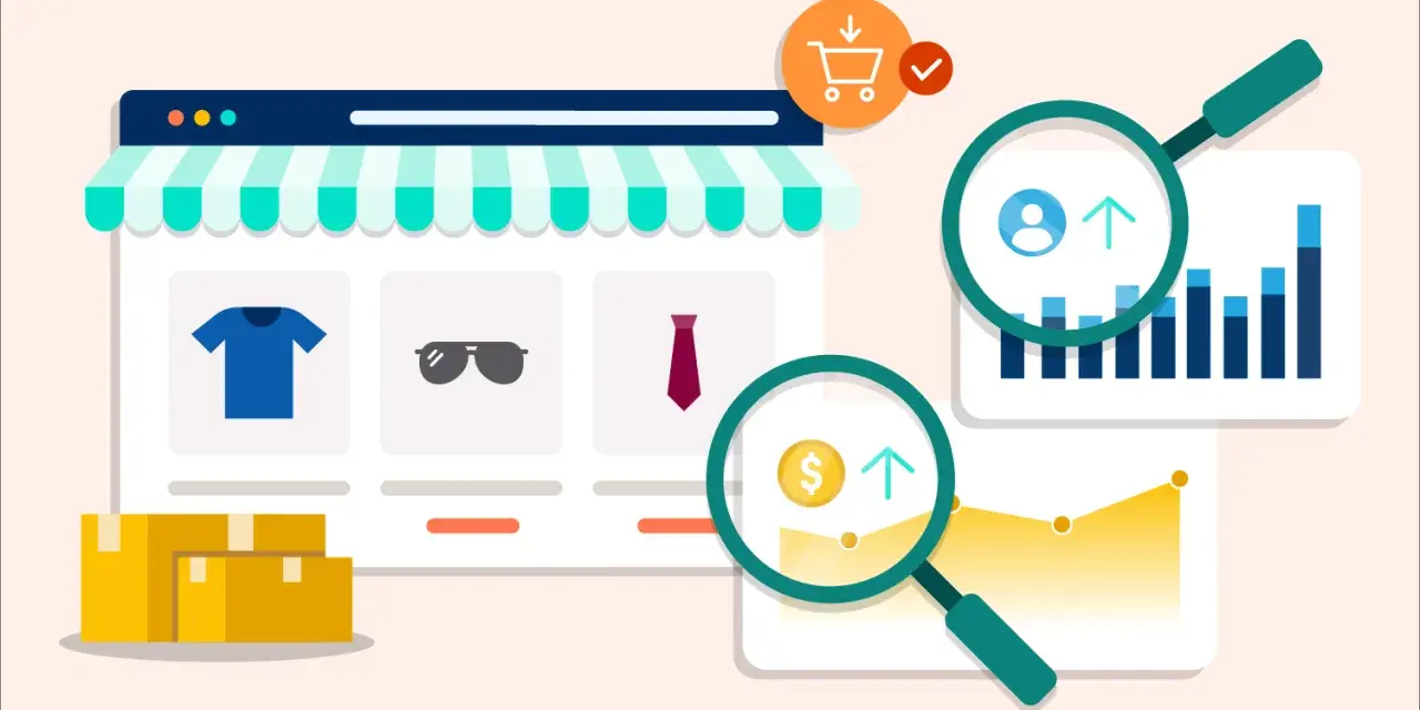 Un negozio online con prodotti, pacchi e grafici analizzati da lenti d'ingrandimento. Capire cos'è un blog per il successo online.