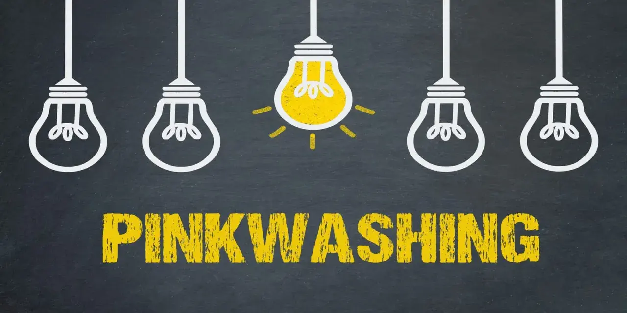 Cinque lampadine, una accesa, su sfondo scuro. Sotto, la scritta "PINKWASHING" in giallo.