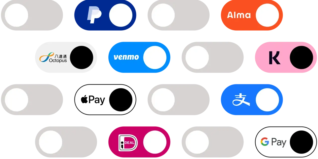 Interruttori per diverse icone pagamenti: PayPal, Octopus, Venmo, Alma, Apple Pay, Google Pay e altri.