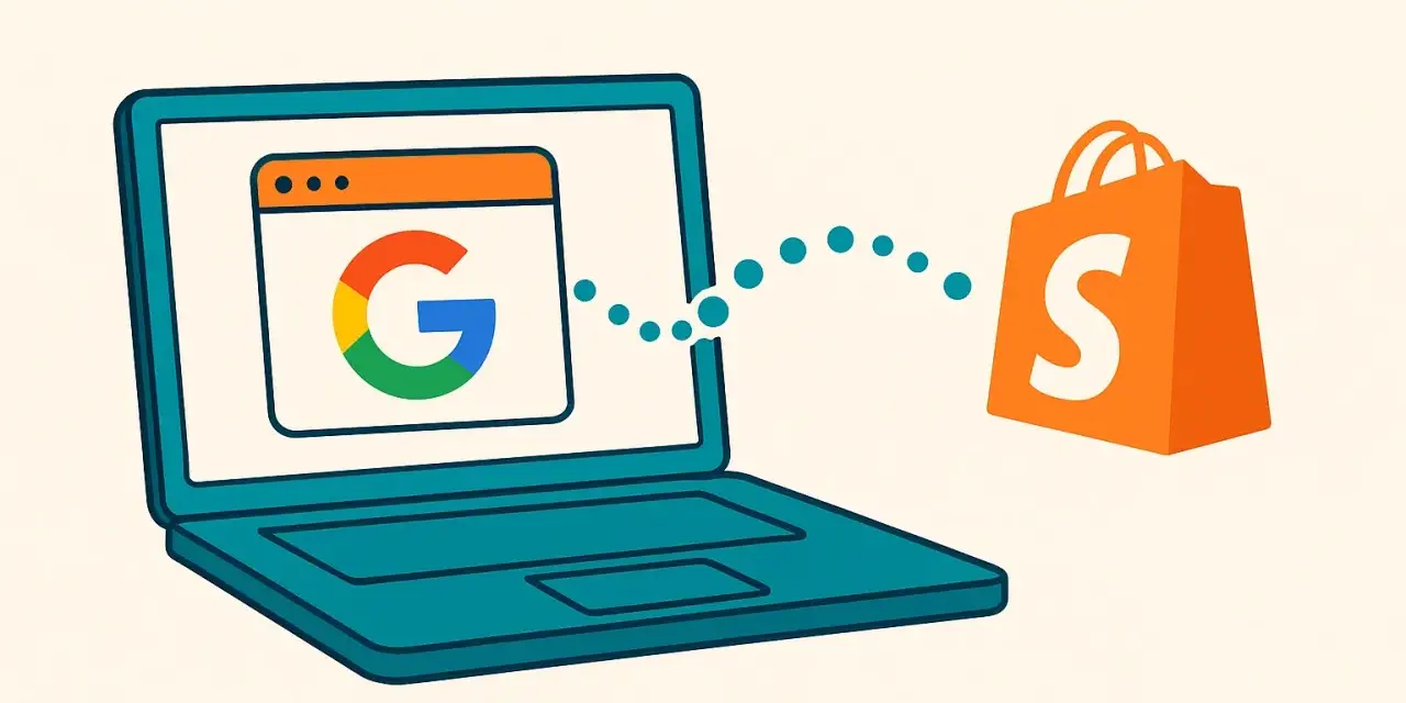 Un laptop con il logo Google mostra dati che fluiscono verso un sacchetto arancione con la S di Shopify, suggerendo l'ottimizzazione del **shopify sitemap** per la ricerca.