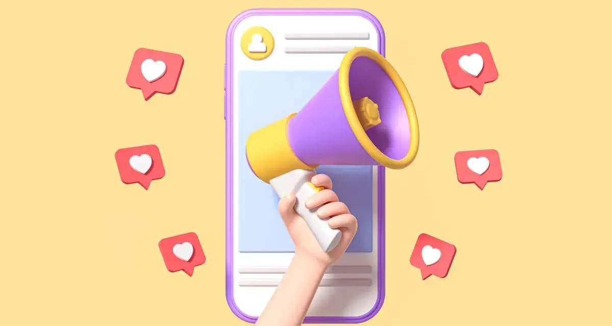 Mano con megafono su smartphone, circondata da cuori, per comunicare il blastare significato di un successo virale.