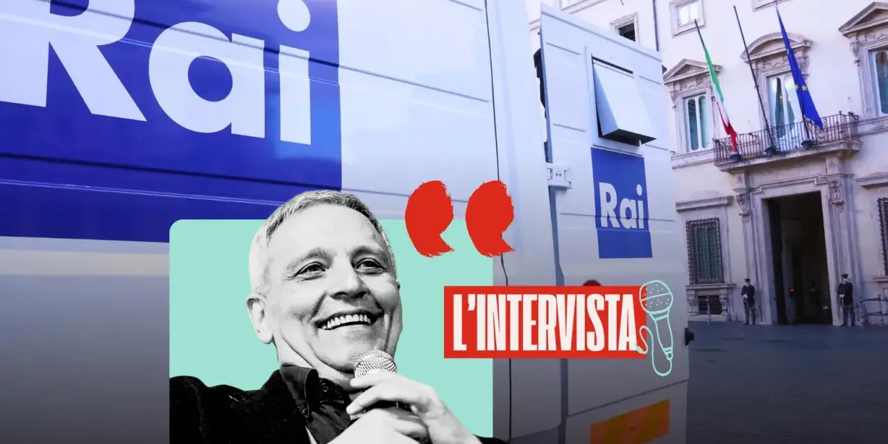 Uomo sorridente con microfono, furgoni Rai e palazzo istituzionale. L'intervista è al centro, ma la censura Rai aleggia.