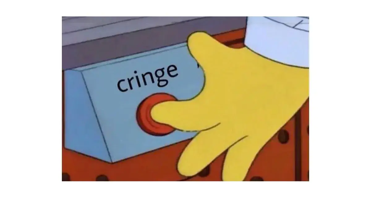 Mano gialla preme il pulsante "cringe". Un classico meme per descrivere momenti imbarazzanti.