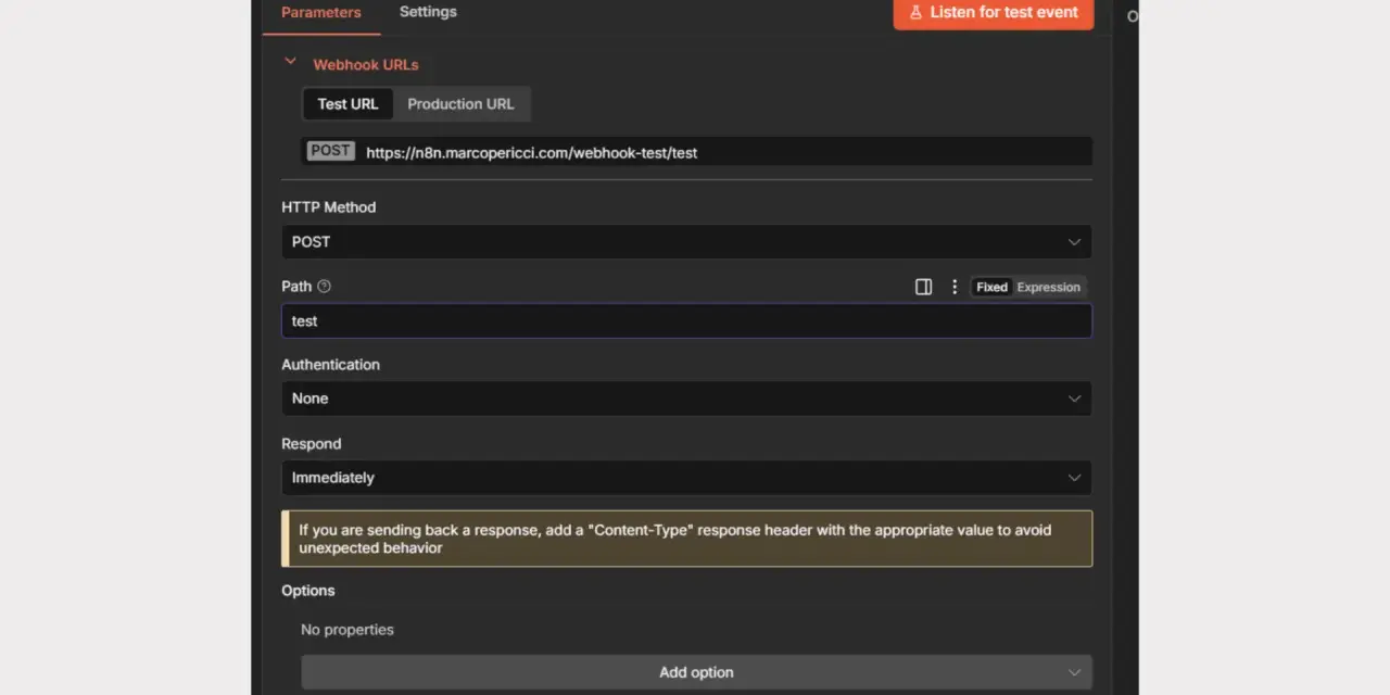 Configurazione webhook per un test. Il percorso è impostato su "test" per la richiesta POST.