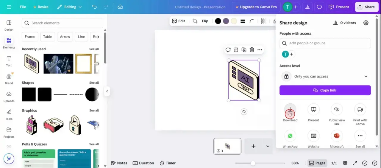 Interfaccia di Canva con un elemento grafico "AI TEXT" selezionato. Le immagini di Canva hanno copyright.