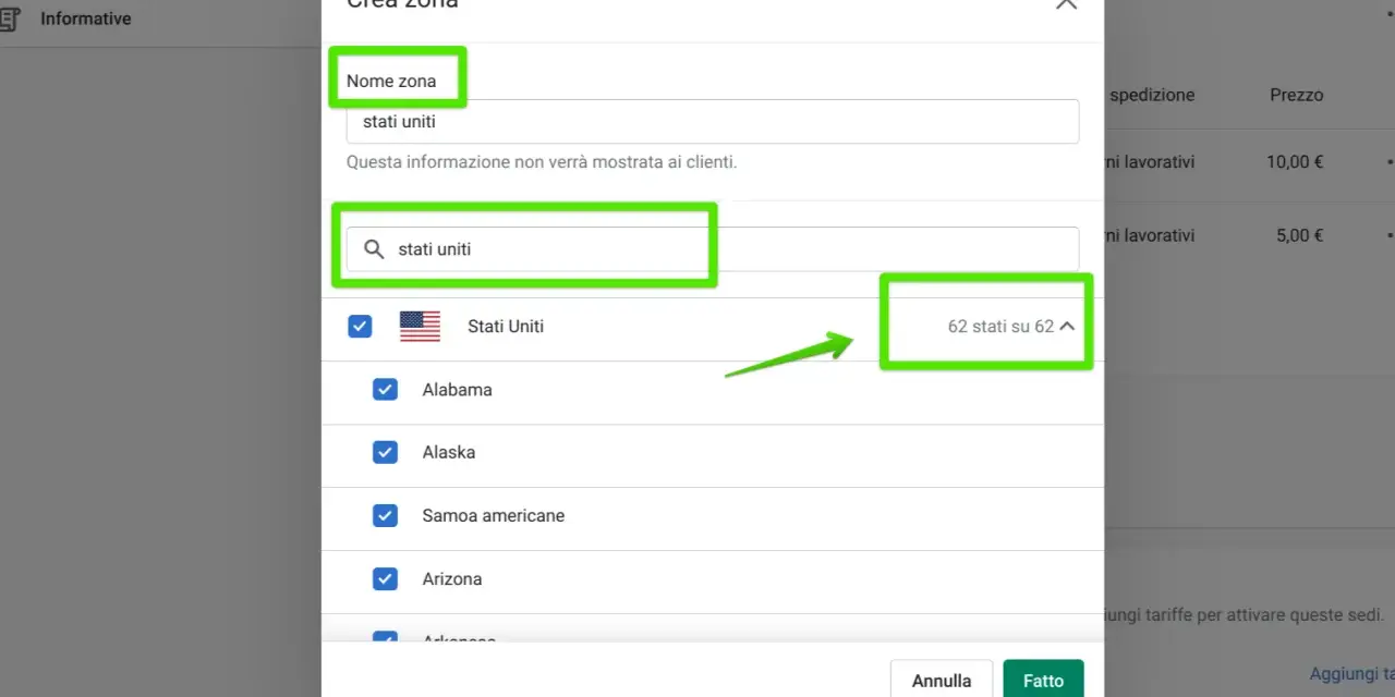 Configurazione spedizione Shopify: selezione "Stati Uniti" come zona, con 62 stati su 62 inclusi.