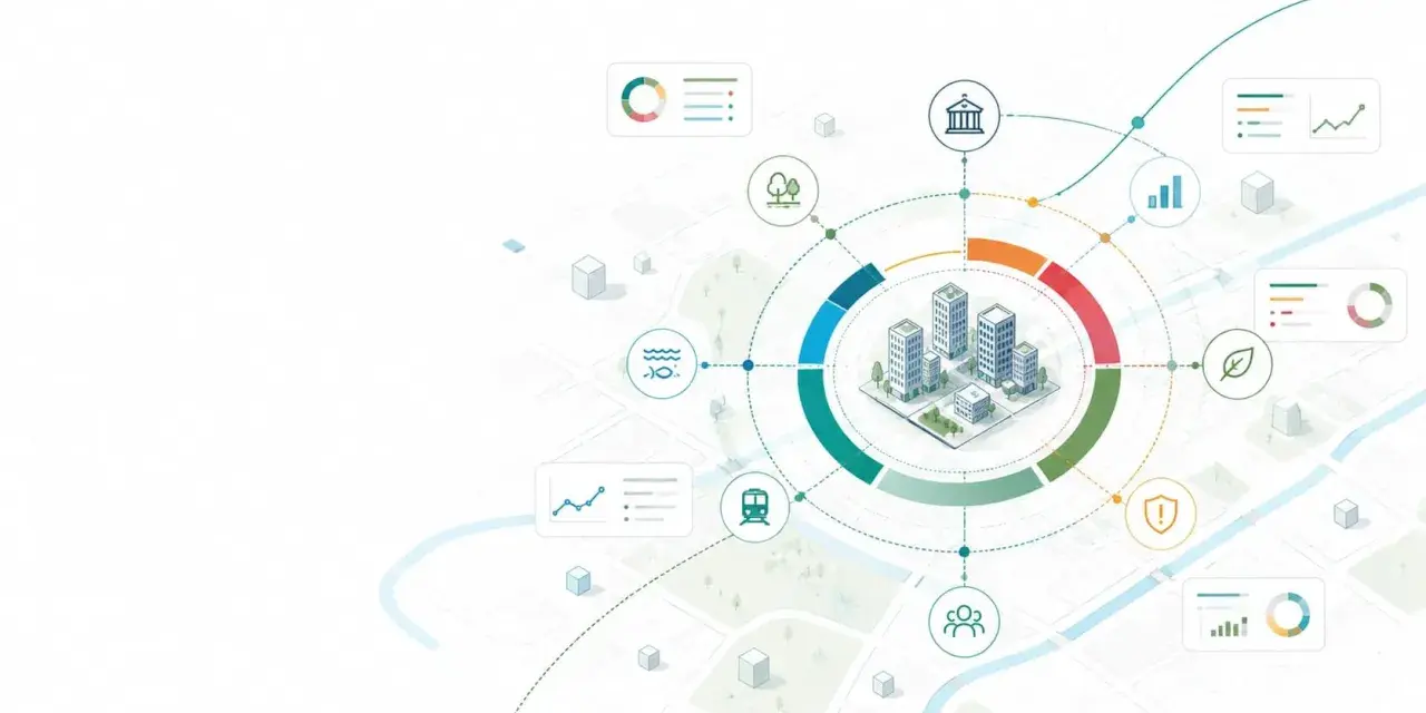 Illustrazione di una città con icone che rappresentano dati, ambiente, trasporti e comunità, suggerendo il content repurposing di informazioni per una visione olistica.